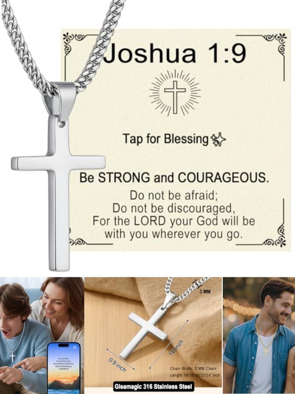 Gleamagic 316L Stainless Steel Men's Cross Necklace Cuban Chain 20 Inch